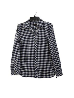 Talbots Women Size Small Navy & White Gingham Button-Up Shirt Blouse 100% Cotton